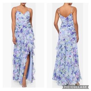 NWT XSCAPE Floral Periwinkle Green Ruched Ruffled Spaghetti Strap Gown Size 12